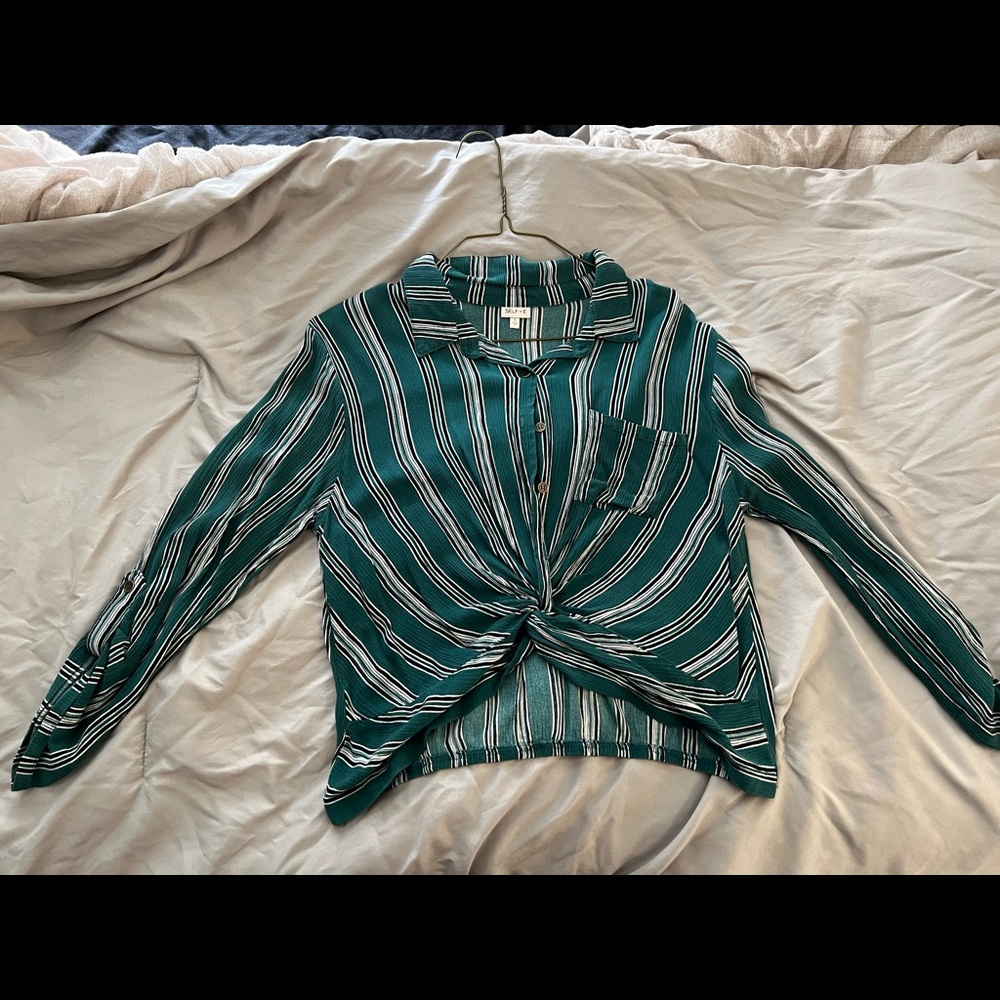 Selfie Green, White, and Black Striped Tied Button Up